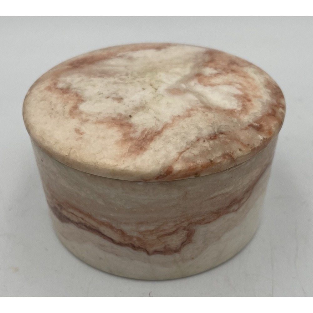 Vtg Banded Pink Onyx Stone Trinket Box Round Polished Marble Jewelry Case Cream